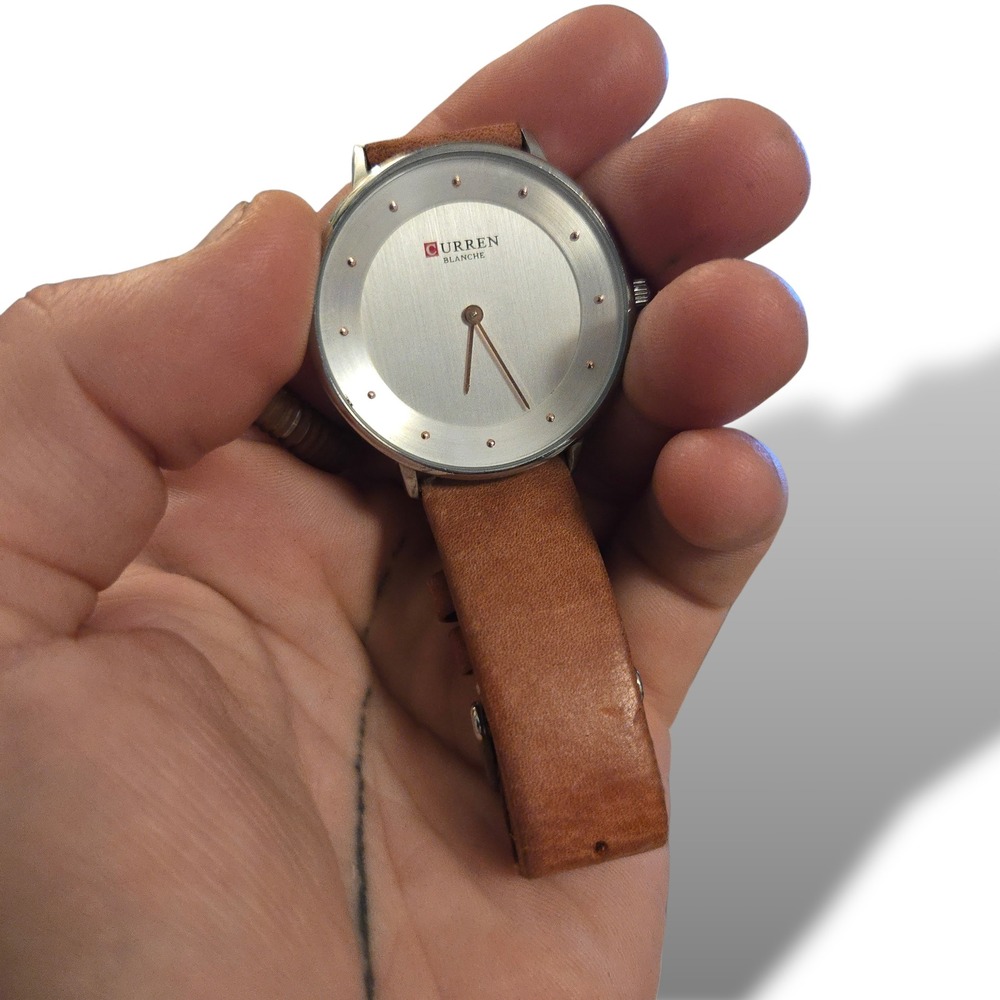 Curren Blanche Unisex Brown‎ Leather Strap Minimalist Silver Face Watch C9033L